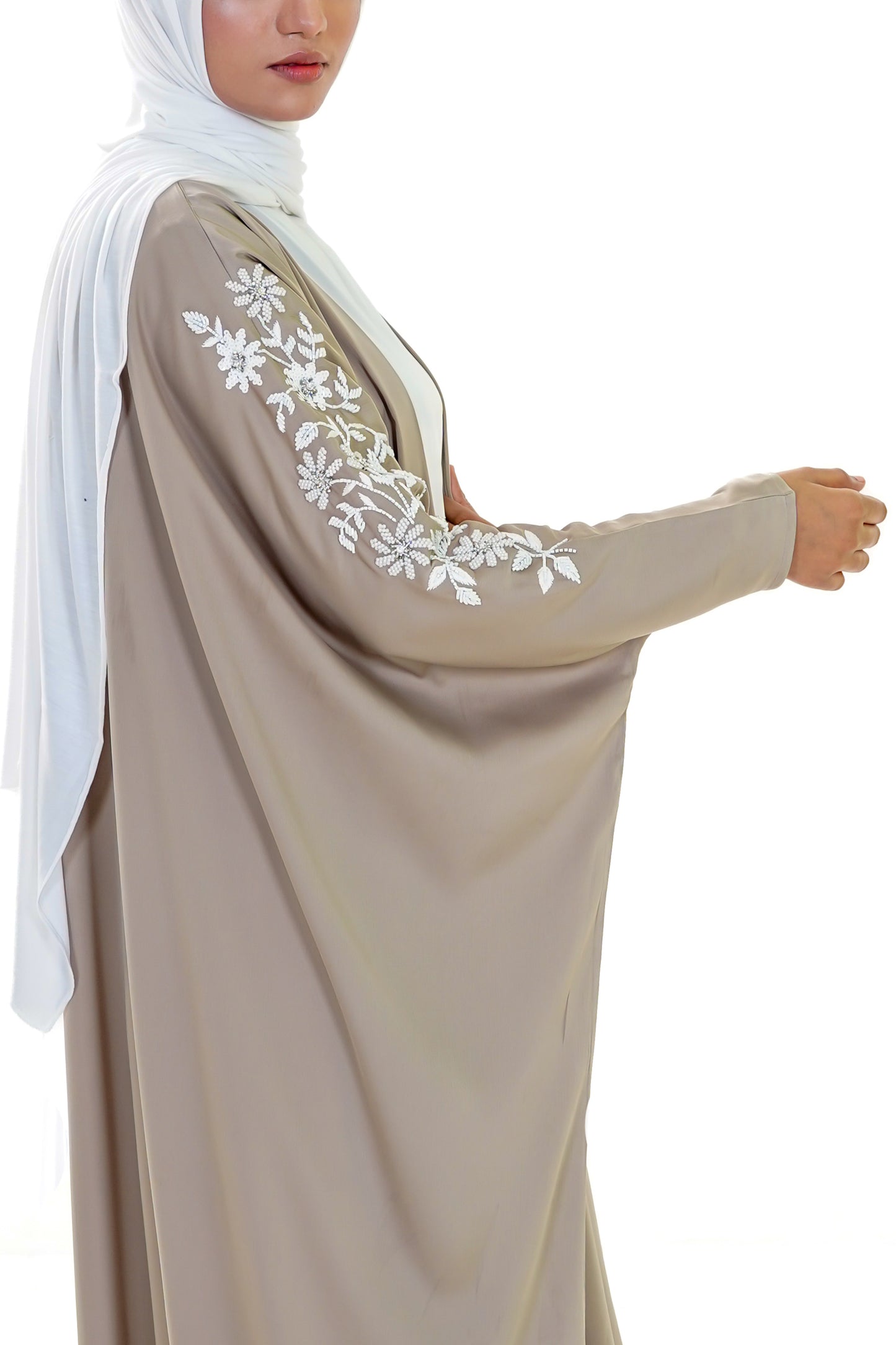 Layali Embellished Kaftan Abaya — Light Taupe
